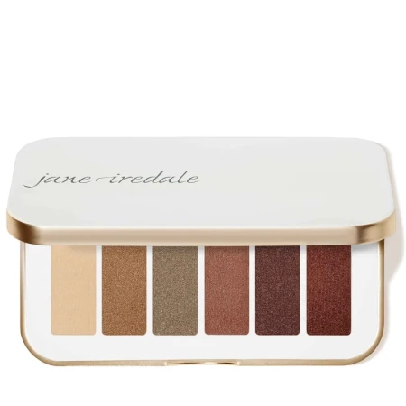 Paleta cieni do powiek Naturally Glam od Jane Iredale to elegancki zestaw pięciu odcieni w ciepłej, neutralnej tonacji z satynowym lub delikatnie połyskującym wykończeniem w biało złotym szerokim kompakcie.