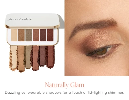 Pokazane pomalowane oko oraz próbki kolorów z paletki Naturally Glam: od lewej: Jasny waniliowy beż, Złoty brąz, Chłodna oliwka z nutą szarości, Miedziany róż/brąz, Czekoladowy burgund, Ciepły rdzawy brąz