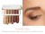 Pokazane pomalowane oko oraz próbki kolorów z paletki Naturally Glam: od lewej: Jasny waniliowy beż, Złoty brąz, Chłodna oliwka z nutą szarości, Miedziany róż/brąz, Czekoladowy burgund, Ciepły rdzawy brąz