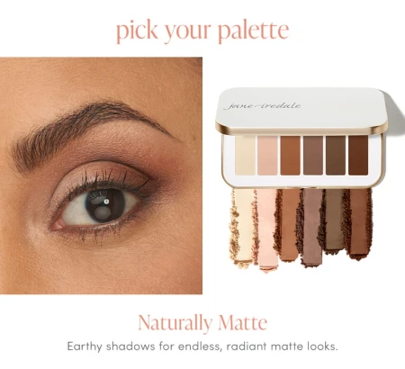 Pokazane pomalowane oko oraz próbki kolorów z paletki Naturally Matte: od lewej: matowy neutralny krem, satynowy delikatny róż, matowa terakota,  matowy bakłażanowy brąz, matowa głęboka czekolada  i matowy czerwony brąz