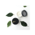 Na zdjęciu widoczny jest otwarty pojemnik z sypkim białym pudrem marki INIKA. Obok leży czarna zakrętka z logo „INIKA” w złotym kolorze. Całość otoczona jest kilkoma zielonymi liśćmi ułożonymi na białym tle