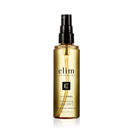 Złota butelka z atomizerem Elim MEDIHEEL Rejuvenating Gold Spritz, kosmetyk do nawilżania i rozświetlania nóg, 80 ml. Przezroczysty flakon z czarnym dozownikiem, elegancki wygląd, tekst „For Hydrated, Glowing Legs”.