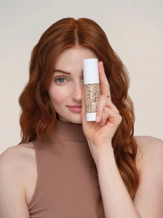 Modelka trzyma przy twarzy butelkę HydroPure™ Tinted Serum with Hyaluronic Acid CoQ10, dzięki czemu widać wielkość produktu.