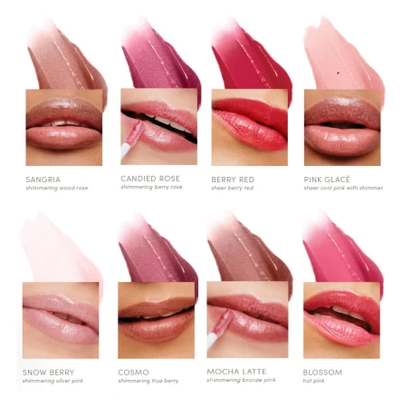 Na grafice przedstawione są odcienie błyszczyków do ust jane iredale z linii HydroPure Hyaluronic Lip Gloss. Każdy z nich charakteryzuje się delikatnym połyskiem, nawilżeniem oraz subtelnym kolorem, idealnym do codziennego makijażu.