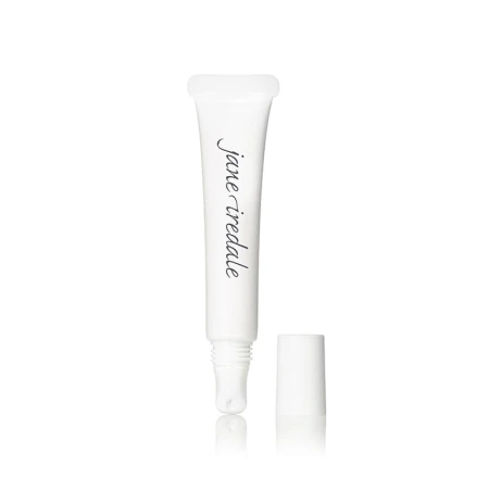 Na zdjęciu znajduje się przezroczysta tubka produktu marki Jane Iredale z białą zakrętką i aplikatorem typu „roll-on” lub ściętym. Opakowanie jest minimalistyczne, z eleganckim logotypem marki nadrukowanym na froncie.