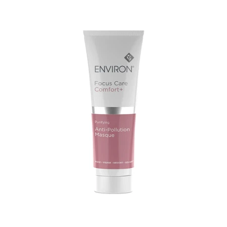 Tubka z białą zakrętką maski Environ Focus Care Comfort+ Anti-Pollution Masque 75 ml w odcieniach bieli i różu, z logo Environ na górze.