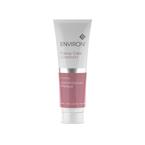 Tubka z białą zakrętką maski Environ Focus Care Comfort+ Anti-Pollution Masque 75 ml w odcieniach bieli i różu, z logo Environ na górze.