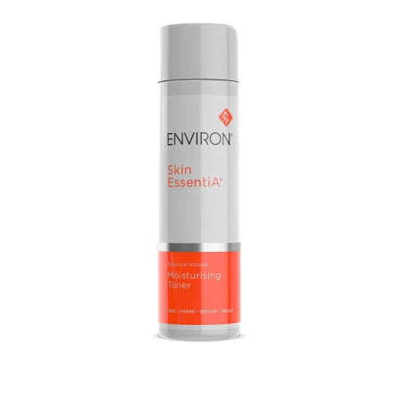 Biała butelka z pompką ENVIRON Moisturising Toner, z biało-pomarańczową etykietą i logo Environ, przeznaczona do nawilżenia skóry twrzy i łagodzenia podrażnień
