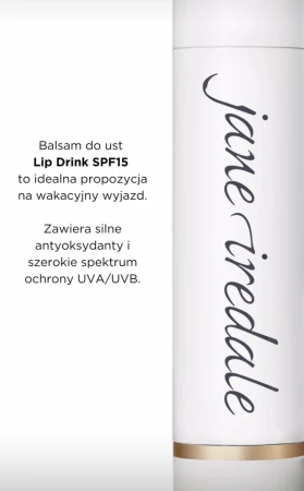 Na grafice widoczny jest fragment opakowania balsamu do ust Jane Iredale Lip Drink SPF 15, z charakterystycznym białym designem i logo marki. Po lewej stronie znajduje się opis produktu