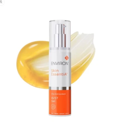 Butelka żelu ENVIRON Vita Antioxidant AVST Gel z pompką w kolorze białym i pomarańczowym, z metaliczną, srebrną nakrętką i kolorowymi napisami z nazwą na tle próbki żelu w kolorze pomarańczym.