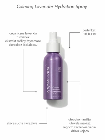 Na grafice pokazano właściwości sprayu nawilżającego Lavender Hydration Spray marki Jane Iredale. Produkt z certyfikatem ECOCERT, przeznaczony dla skóry wrażliwej. Nawilża, utrwala makijaż, działa kojąco.
