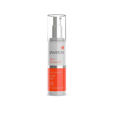 Butelka żelu ENVIRON Vita Antioxidant AVST Gel z pompką w kolorze białym i pomarańczowym, z metaliczną, srebrną nakrętką i kolorowymi napisami z nazwą.
