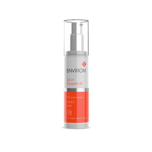 Butelka żelu ENVIRON Vita Antioxidant AVST Gel z pompką w kolorze białym i pomarańczowym, z metaliczną, srebrną nakrętką i kolorowymi napisami z nazwą.