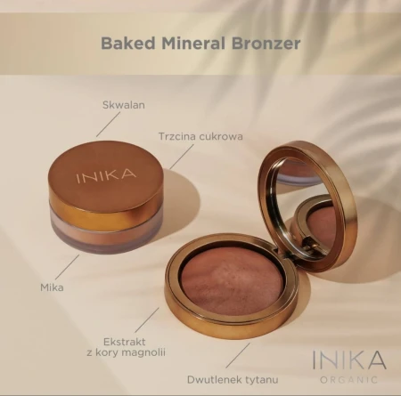 Na grafice przedstawiono Baked Mineral Bronzer marki INIKA Organic wraz z oznaczeniem kluczowych składników: Skwalan,  Ekstrakt z kory magnolii,  Dwutlenek tytanu, Mika