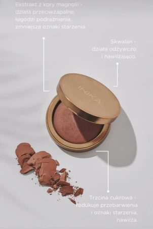 Na grafice przedstawiono wypiekany bronzer INIKA Organic wraz z opisem działania jego kluczowych składników aktywnych: Ekstrakt z kory magnolii, Skwalan, Trzcina cukrowa. Całość podkreśla naturalny, pielęgnacyjny charakter produktu