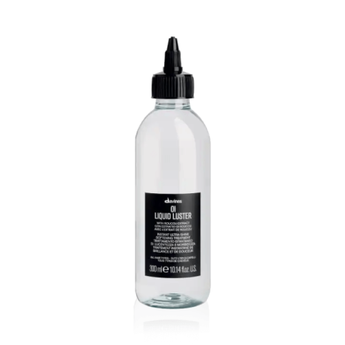 Butelka Davines OI Liquid Luster o pojemności 300 ml z przezroczystym płynem i czarną etykietą. Produkt posiada aplikator z zakrętką typu twist, przeznaczony do pielęgnacji włosów dla efektu lśniących i wygładzonych pasm.