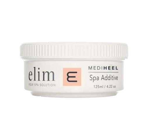 Biały pojemnik z zakrętką marki Elim z serii MediHeel – Spa Additive, 125 ml (4.22 oz). Minimalistyczny design opakowania z delikatnym logo i nazwą produktu, przeznaczonego do zabiegów spa na stopy.