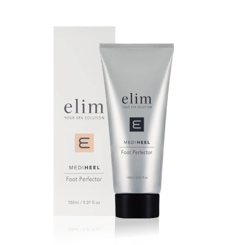 Na zdjęciu widoczny jest produkt Elim MediHeel Foot Perfector – krem do stóp w srebrnej tubce o pojemności 150 ml, stojący obok jasnego opakowania kartonowego z takim samym oznaczeniem. Tło białe, minimalistyczne, odbicie na powierzchni.