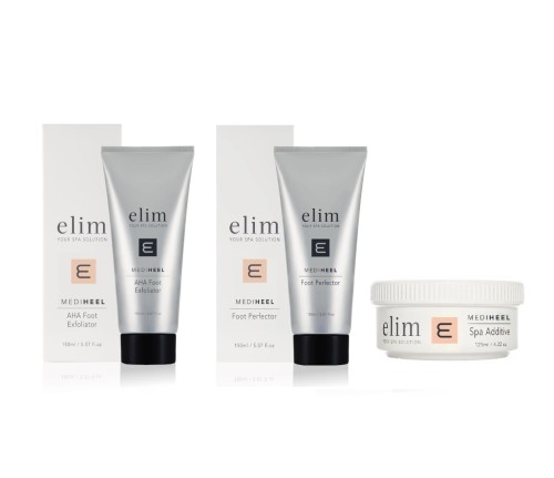 Trzy produkty Elim z linii MediHeel: AHA Foot Exfoliator, Foot Perfector (2 sztuki) i Spa Additive. Dwa z nich w tubkach ze srebrnym wykończeniem, jeden w białym słoiczku. Wszystkie ustawione na białym tle, z widocznymi opakowaniami kartonowymi.