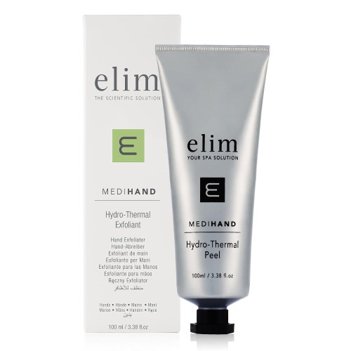 Na zdjęciu widoczny jest produkt Elim MEDIHAND Hydro-Thermal Peel – eksfoliator do rąk w srebrnej tubce 100 ml z opakowaniem