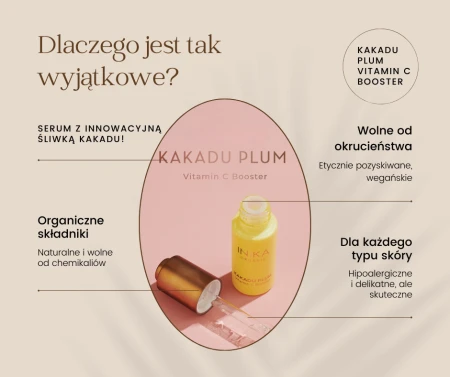 Na grafice przedstawiono serum INIKA Organic Kakadu Plum Vitamin C Booster wraz z opisem jego unikalnych cech. Tło jest beżowe, z estetyczną, elegancką oprawą graficzną i centralnym zdjęciem produktu