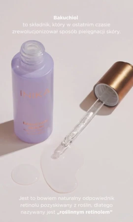 Na grafice znajduje się otwarte serum INIKA Organic Bakuchiol Serum z kroplomierzem i rozlaną kroplą kosmetyku.