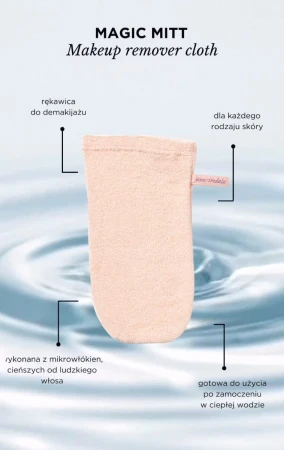 Na grafice przedstawiono główne zalety Magic Mitt – rękawicy do demakijażu marki jane iredale tzn, do czego jest, z czego jest zrobiona i jak jej używać,