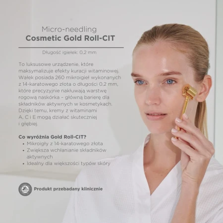 Zdjęcie kobiety trzymającej blisko twarzy ENVIRON Cosmetic Gold Roll-CIT, na szarym tle. Po lewej stronie tekst mówiący o zaletach urządzenia.