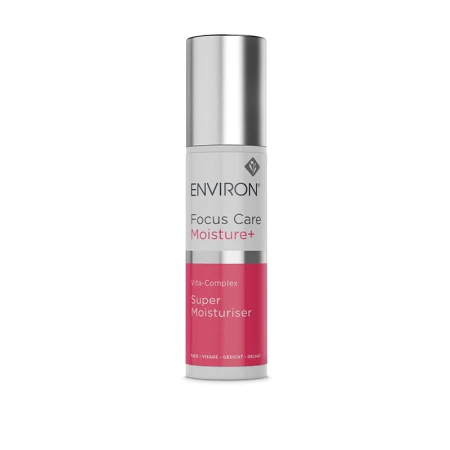 Butelka kremu ENVIRON Super Moisturiser w kolorze białym ze srebrną nakrętką i biało-różową etykietą.