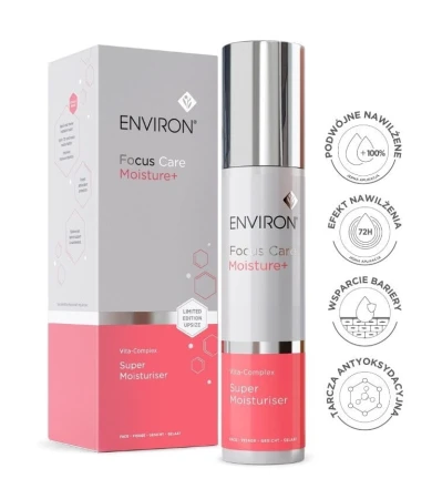 Butelka kremu ENVIRON Super Moisturiser w kolorze białym ze srebrną nakrętką i biało-różową etykietą. Obok pudełko w takich samych kolorach. Po prawej wymienione właściwości serum.