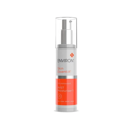 Biała butelka z pompką Environ Skin EssentiA AVST Moisturiser 1, z przezroczystą nakrętką,  z biało-pomarańczową etykietą, oznaczeniem numeru 1 i logo Environ na górze.