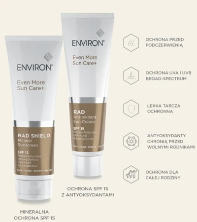 Dwa kremy z linii Environ Even More Sun Care stojące obok siebie na złotym tle, z opisem ich zalet.