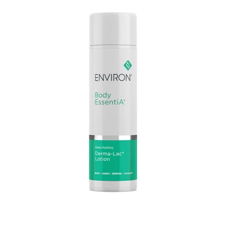 Butelka lotionu ENVIRON Derma-Lac Lotion z pompką, w kolorze białym z białą nakrętką i biało-zieloną etykietą.