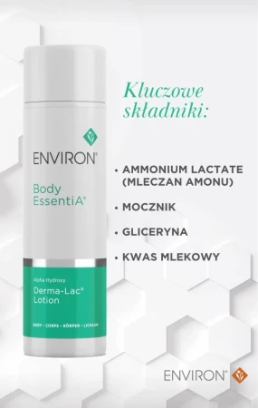 Grafika informacyjna, opisująca składniki aktywne ENVIRON Derma-Lac Lotion dzięki którym produkt jest tak efektywne.
