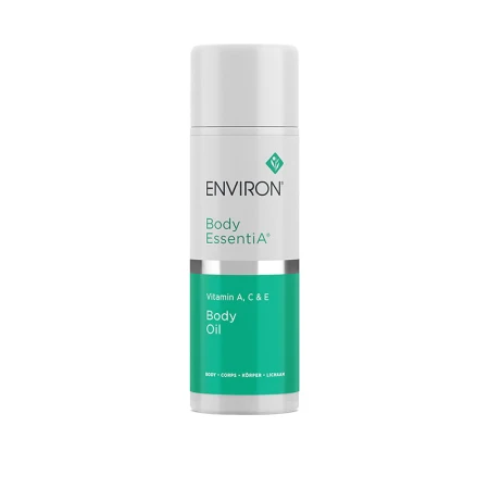 Butelka olejku ENVIRON Vitamin ACE Body Oil  z pompką, w kolorze białym z białą nakrętką i biało-zieloną etykietą.