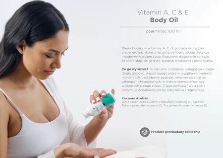 Zdjęcie kobiety trzymającej butelkę olejku ENVIRON Vitamin ACE Body Oil , obok na szarym tle tekst opisujący zalety olejku.