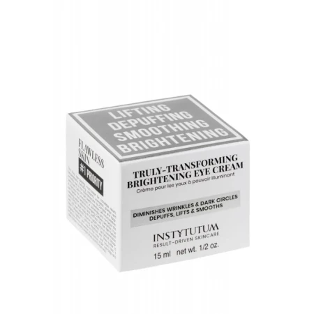 Kartonik kremu pod oczy Instytutum Truly-Transforming Brightening Eye Cream, 15 ml. Białe opakowanie z szarym i czarnym napisem. Krem rozjaśniający, wygładzający, redukujący cienie i opuchliznę. Elegancki, minimalistyczny design.