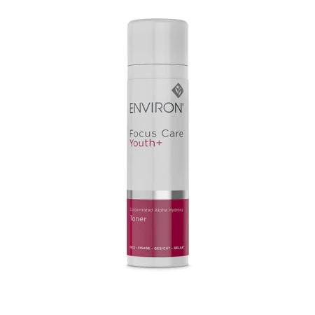 Butelka toniku ENVIRON Alpha Hydroxy Toner w kolorze białym, ze srebrną nakrętką i biało-bordową etykietą.