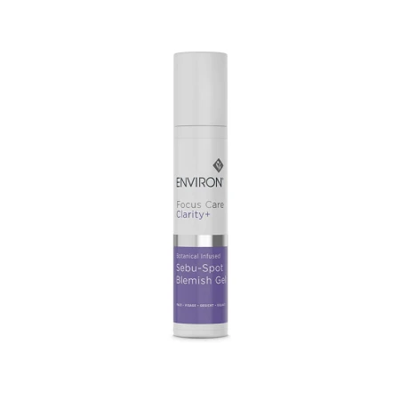 Butelka żelu ENVIRON Sebu - Spot Blemish Gel, z aplikatorem typu airless, w kolorze białym z białą nakrętką i biało-fioletową etykietą.