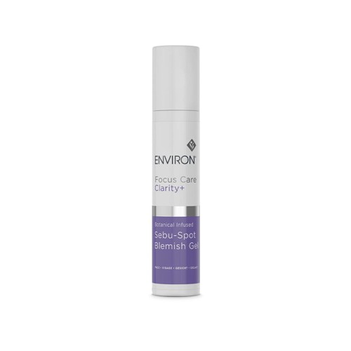 Butelka żelu ENVIRON Sebu - Spot Blemish Gel, z aplikatorem typu airless, w kolorze białym z białą nakrętką i biało-fioletową etykietą.