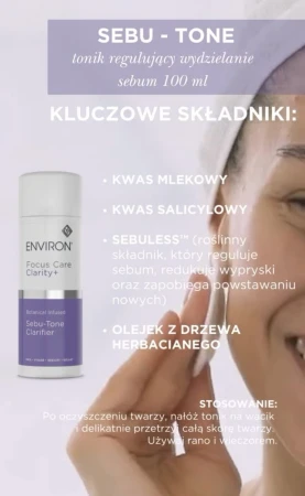 Grafika informacyjna, opisująca składniki aktywne występujące w ENVIRON Sebu-Tone Clarifier dzięki którym produkt jest tak efektywny.