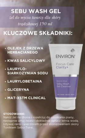 Zdjęcie tubki kremu ENVIRON Sebu-Wash Gel  na ciemnym tle, obok napisy z opisem produktu, stosowaniem i składnikami aktywnymi.
