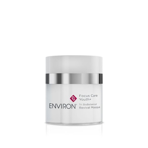 Maska ENVIRON Revival Masque o pojemności 50 ml, w eleganckim opakowaniu typu airless z pompką. Design typowy dla marki: biały słoik z srebrną górą i bordowymi akcentami.