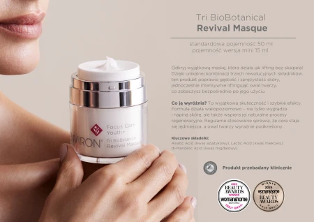 Po lewej stronie maska Revival Masque trzymana w kobiecej dłoni. Po prawej hasło przewodnie „lifting bez skalpela” oraz opis produktu. Na dole loga nagród jakie zdobyła tj. Beauty Awards 2023 i 2024 w kategorii Woman & Home, kategoria Holy Grail