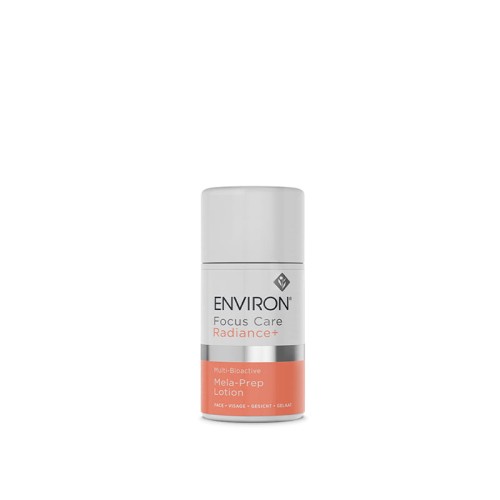 Butelka emulsji ENVIRON Mela-Prep Lotion w kolorze białym z białą nakrętką i biało-pomarańczową etykietą.