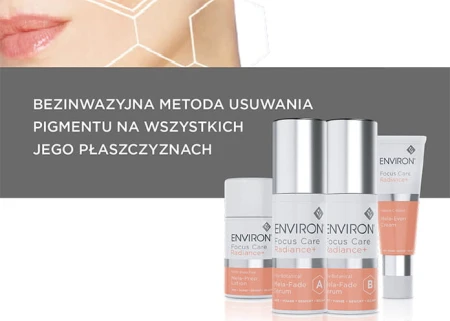 Zdjęcie wszystkich produktów z linii Environ Focus Care Radiance, stojących obok siebie na jasnym tle. Po lewej tekst mówiący o zaletach produktów.