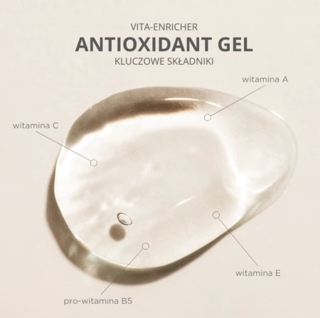 Próbka bezbarwnego żelu Environ Focus Care Comfort+ Antioxidant Gel z wymienionymi obok składnikami aktywnymi.