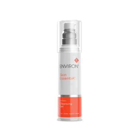 Biała butelka z pompką ENVIRON Cleansing Gel, z biało-pomarańczową etykietą i logo Environ, przeznaczona do demakijażu i oczyszczania twarzy.
