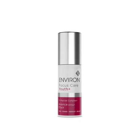 Butelka kremu ENVIRON Tri Peptide Avance Elixir w kolorze białym, ze srebrną nakrętką i biało-bordową etykietą.