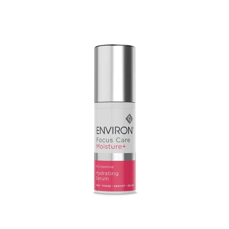 Butelka ENVIRON Hydrating Serum w kolorze białym ze srebrną nakrętką i biało-różową etykietą.